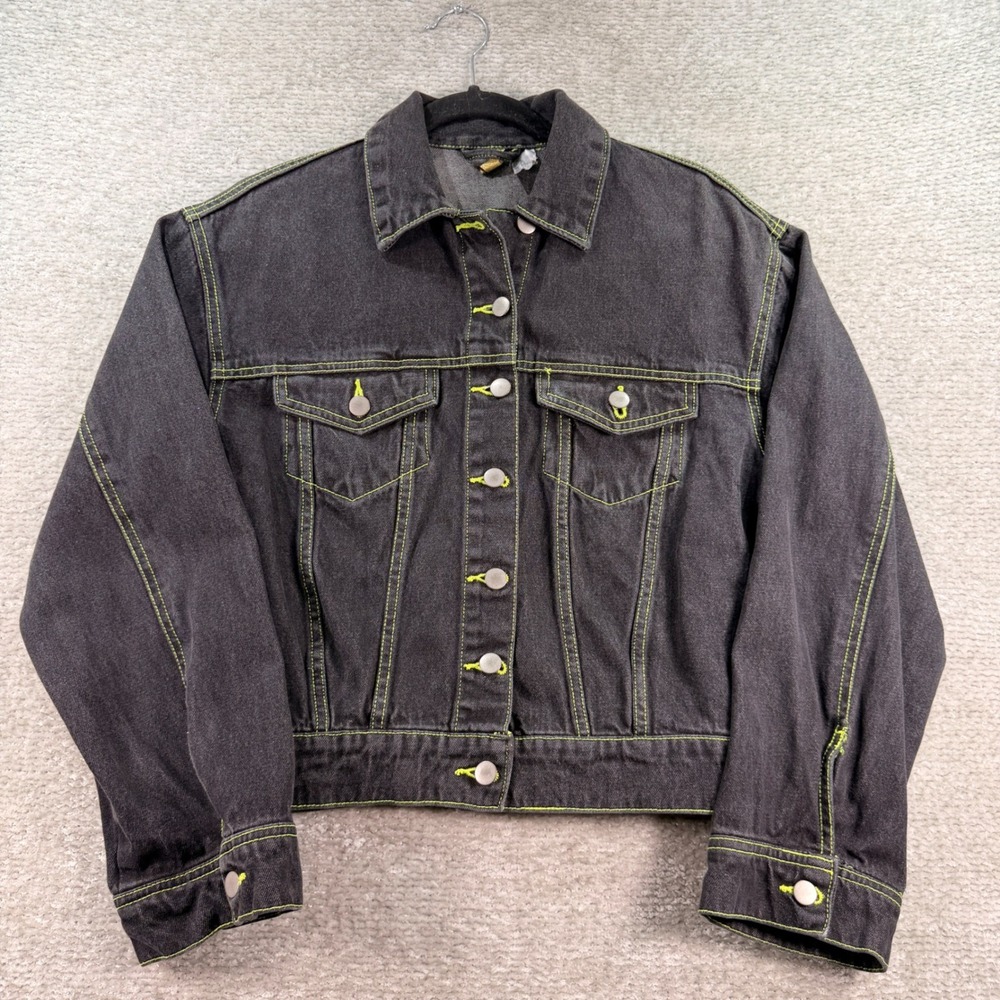 H&M Divided Denim Trucker Jacket Neon Contrast Stitch 2 Black Cyberpunk Street